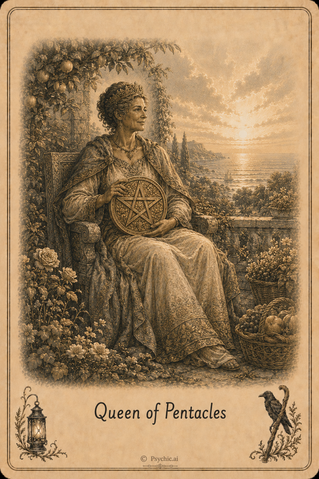 Queen of Pentacles tarot card illustration